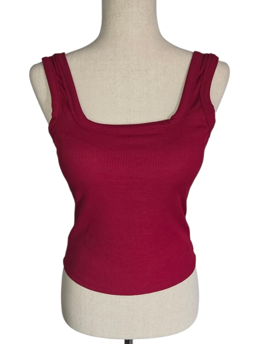 Burgundy Red Ribbed Square Neck Tank Small Built-In Bra Stretchy Fitted NWT